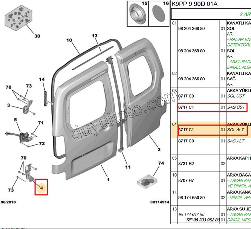 MENTESE BAGAJ KAPAK UST R + ALT L PRT3 PRT4 2P