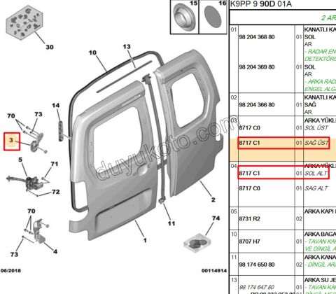 MENTESE BAGAJ KAPAK UST R + ALT L PRT3 PRT4 2P
