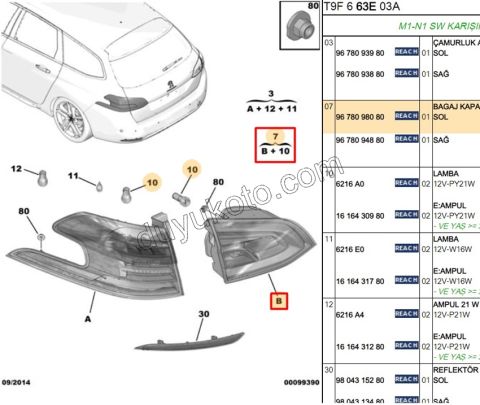 Peugeot 308sw Stop Lambası Sol İç (Bagaj Kapağı) 2013/2017