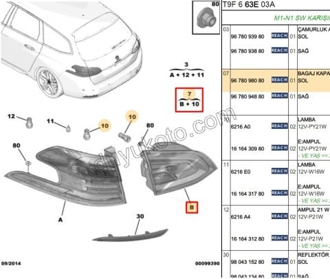 Peugeot 308sw Stop Lambası Sol İç (Bagaj Kapağı) 2013/2017