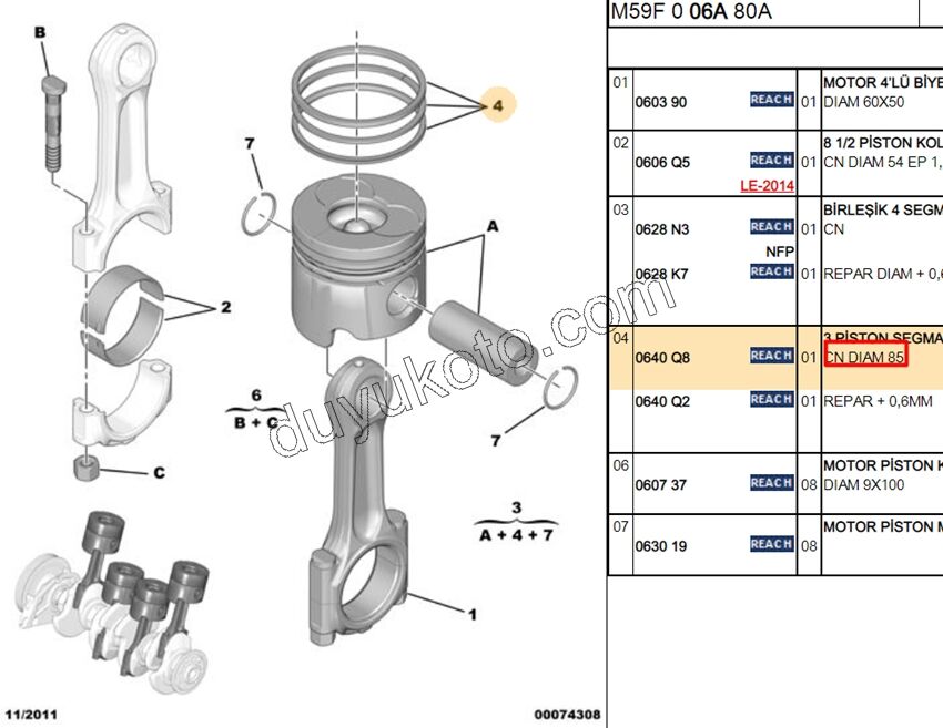 SEGMAN TK X4AD STD 85MM DW10 8V 2.0HDİ 16V 136HP DW12
