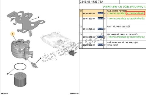 Komple Mazot Filtresi 1.5HDİ Euro6 SU SENS YOK