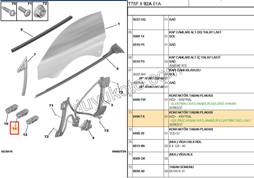 Ön Cam Açma Anahtarı Sol (Sürücü) RCZ 2LI FOLD+ HAFIZA+