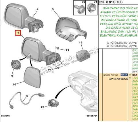 Peugeot Partner Dikiz Aynası Sağ Elektirikli Katlanırlı (Kapaklı) Rezistanslı 2008/2012