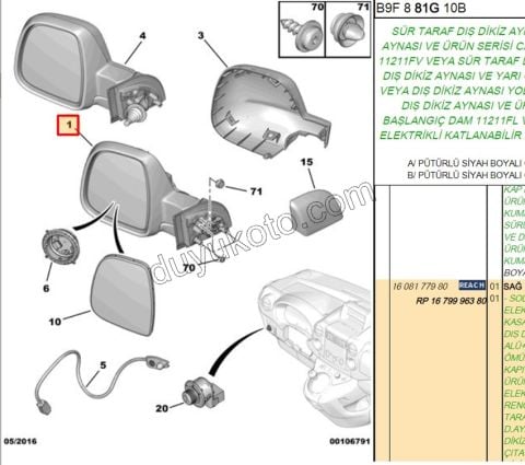 Peugeot Partner Dikiz Aynası Sağ Elektirikli Katlanırlı (Kapaklı) Rezistanslı 2008/2012