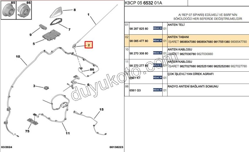 2019> Partner Rifter Berlingo Combo Doblo Proace City TABAN ANTEN