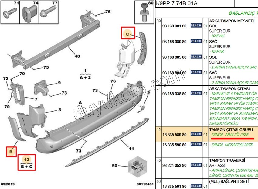 Arka Tampon Köşe Kapağı Takım PRT4 KISA SASE