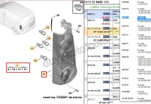 Peugeot Partner Stop Lambası Sol (Bagaj Kapak Çift) 2012-2018