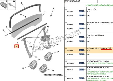 Ön Kapı Camı Sol İç Sıyırıcı Fitil P206 5P
