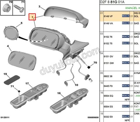 Peugeot 407 Dikiz Aynası Sol Kapaklı CAM MAVI+ 2005/2009