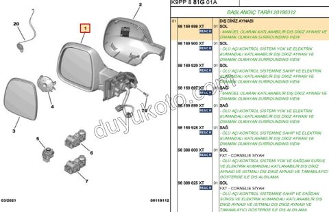 2019> Partner Rifter Berlingo Combo Doblo Proace City Dikiz Aynası Sol VAN Kapaksız