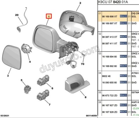 Peugeot Partner Dikiz Aynası Sol VAN Kapaksız 2018/2024