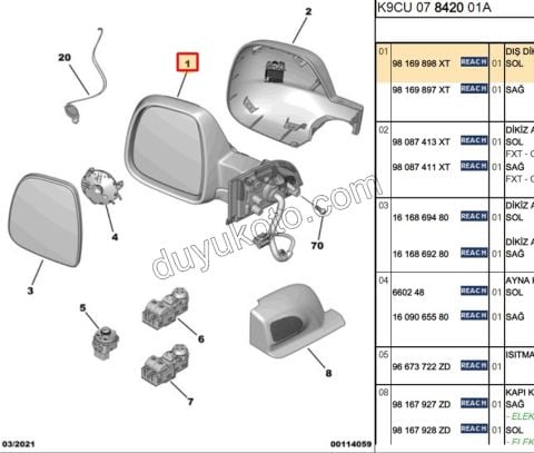 Peugeot Partner Dikiz Aynası Sol VAN Kapaksız 2018/2024