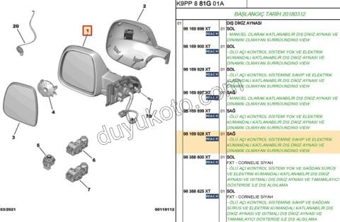 2019> Partner Rifter Berlingo Combo Doblo Proace City Dikiz Aynası Sağ VAN Elektirikli Katlanırlı Kör Noktalı