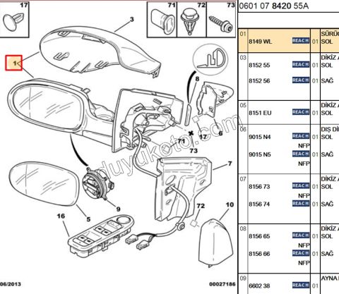 Citroen C5 Dikiz Aynası Sol Elektirikli Katlanırlı AST Kapaklı 2000/2007
