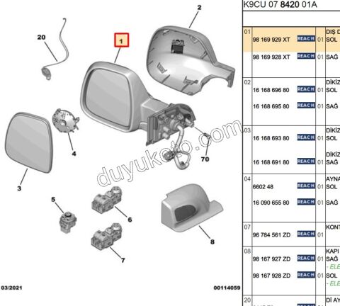 Peugeot Partner Citroen Berlingo Opel Combo Fiat Doblo Dikiz Aynası Sol VAN Elektirikli Katlanırlı Kör Noktalı 2018/2024
