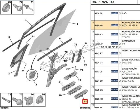 Ön Cam Açma Anahtarı Sol (Sürücü) (Çerçevesiz) P30081 P50081 FOLD+ 96650621ZD