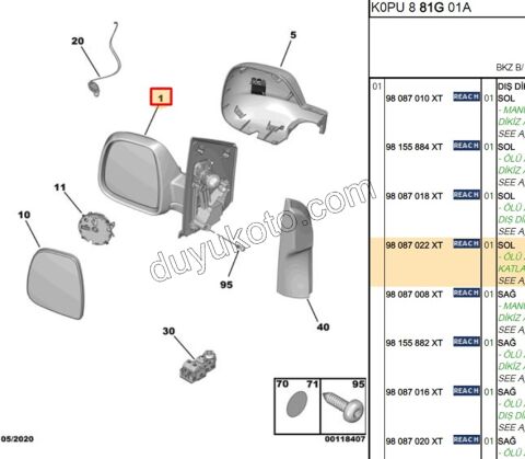 Peugeot Expert Citroen Jumpy Fiat Scudo Dikiz Aynası Sol Elektirikli Katlanırlı Kör Noktalı 2017/2023