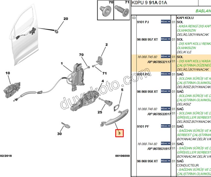 Dış Açma Kolu Sol Ön Kapı P3082 P5081 EXP4 DELIK+ ELEK+ AST+KROM+