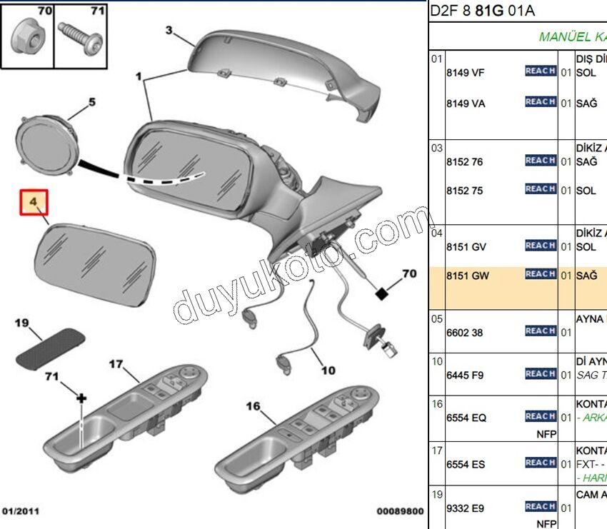 Peugeot 407 Dikiz Ayna Camı Sağ Rezistanslı MAVI 2005/2009
