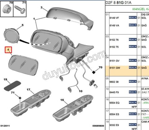 Peugeot 407 Dikiz Ayna Camı Sağ Rezistanslı MAVI 2005/2009