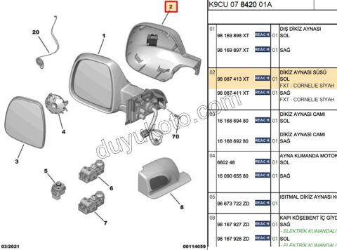 Peugeot Rifter/Partner Expert Citroen Jumpy Fiat Scudo Dikiz Ayna Kapağı Sol SIYAH 2017/2024