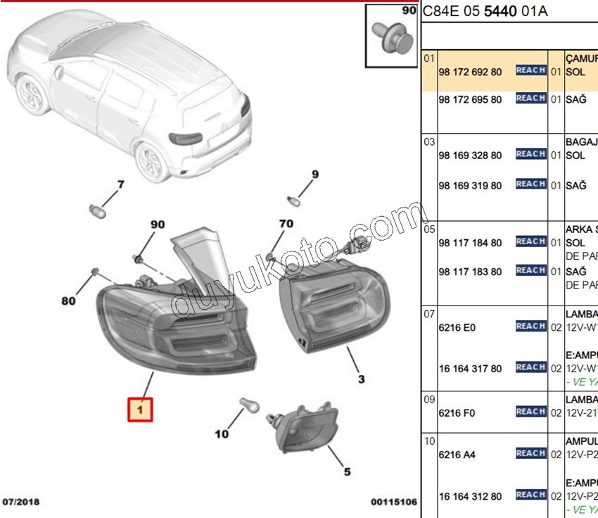 Citroen C5 Aircross Stop Lambası Sol Dış (Çamurlukta) 2019/2022