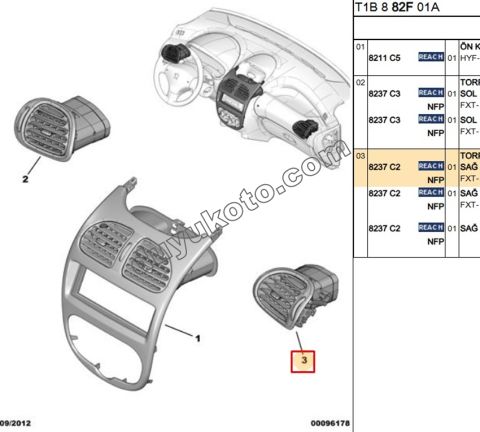 Peugeot 206 Kalorifer Hava Izgarası Sağ (Yolcu) Difizör Siyah