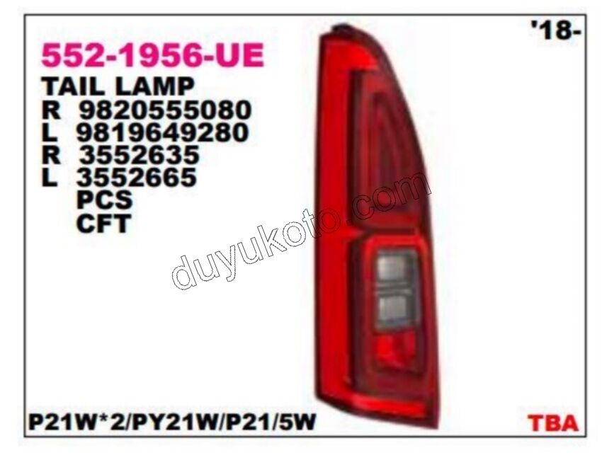 Peugeot Partner Citroen Berlingo Opel Combo Fiat Doblo Stop Lambası Sol PROACE (Bagaj Tek Kapak Yukarı Açılır) 2018/2024