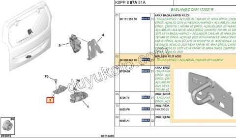 2019> Partner Rifter Berlingo Combo Doblo Proace City KARSILIK BAGAJ KILIT ALT EXP4 (Bagaj Tek Kapak Yukarı Açılır)