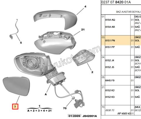 Citroen C3 C5 Dikiz Ayna Camı Sol KOMP 2008/2013