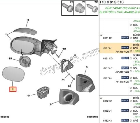 Peugeot 206/206+ Dikiz Ayna Camı Sağ Rezistanslı 1998/2013