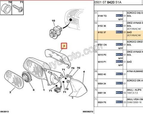 Citroen Xsara Dikiz Ayna Kapağı Sağ Astarlı 1998/2005