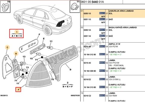 Citroen C5 Stop Lambası Sol Dış (Çamurlukta) 2000/2007