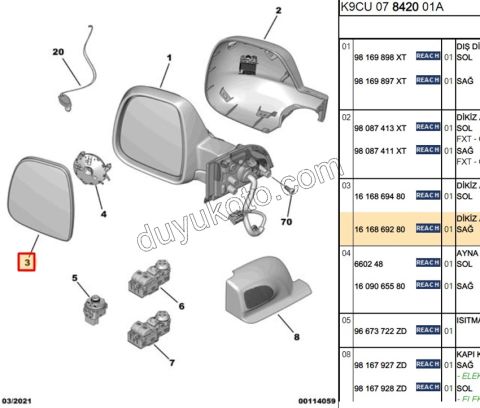 Peugeot Rifter/Partner Expert Citroen Jumpy Fiat Scudo Dikiz Ayna Camı Sağ 2017/2024