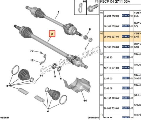 2019> Partner Rifter Berlingo Combo Doblo Proace City Aks Mili Sağ P3082 1.5HDİ Euro6 D 1.6HDİ Euro6 100HP 1.6HDİ Euro6 5/6 VIT MANUEL