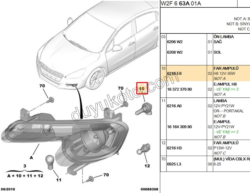 Peugeot 308 508 RCZ Citroen C5 Sis Far Ampülü H8 12V 35W 2008/2013