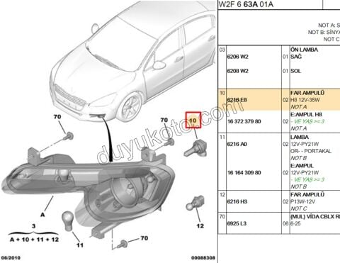 Peugeot 308 508 RCZ Citroen C5 Sis Far Ampülü H8 12V 35W 2008/2013