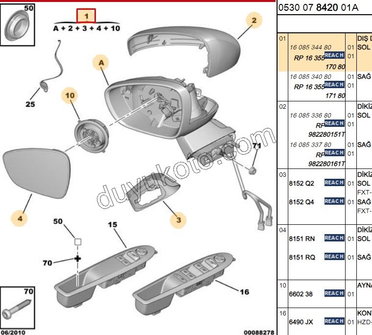 Citroen C4 Dikiz Aynası Sol ELEK+(Rezistanslı) AST Kapaklı 2010/2014