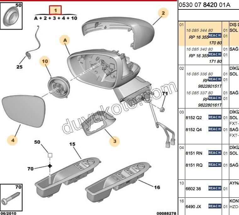 Citroen C4 Dikiz Aynası Sol ELEK+(Rezistanslı) AST Kapaklı 2010/2014