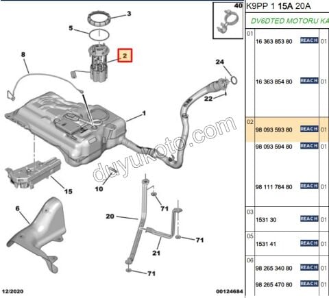 2019> Partner Rifter Berlingo Combo Doblo Proace City Yakıt Pompa ve Şamandırası (Komple) 1.5HDİ Euro6