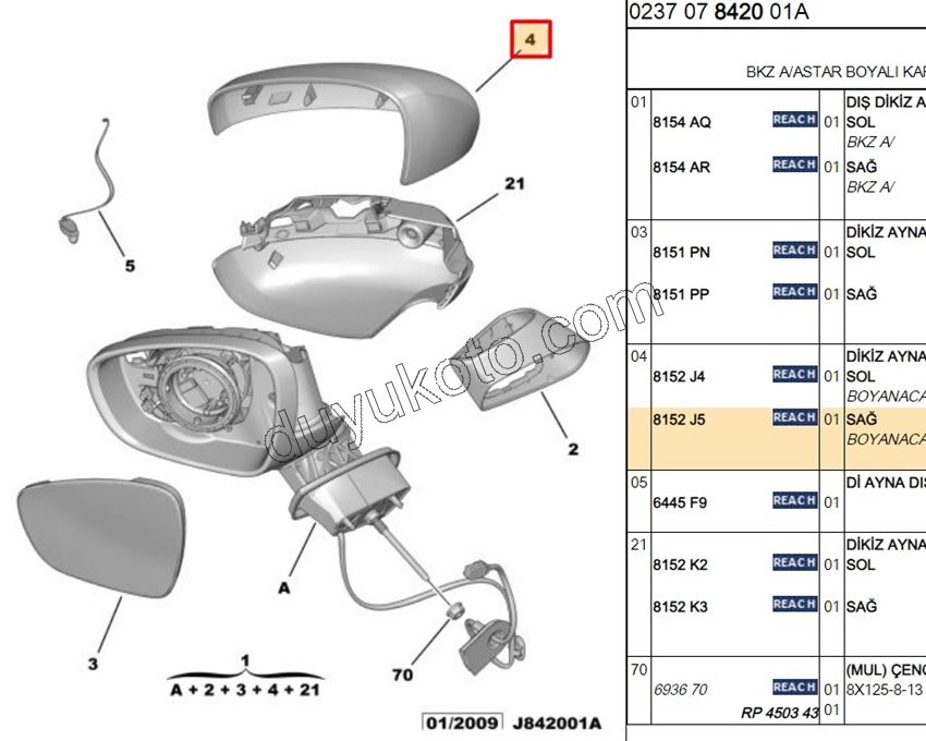 Citroen C3 Dikiz Ayna Kapağı Sağ Astarlı (KROM 2009/2013