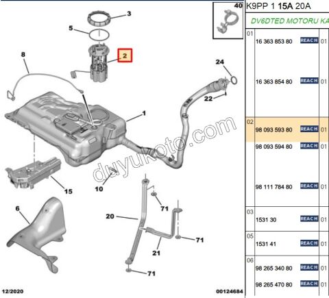 Benzin Pompası ve Şamandırası (Komple) 1.5HDİ Euro6 PRT4 DB4