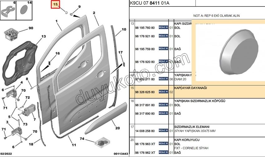 2019> Partner Rifter Berlingo Combo Doblo Proace City TAKOZ LASTIK ON KAPI DURDURMA