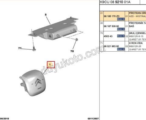 2019> Partner Rifter Berlingo Combo Doblo Proace City Sürücü (Sol) Hava Yastığı (AIRBAG) VAN