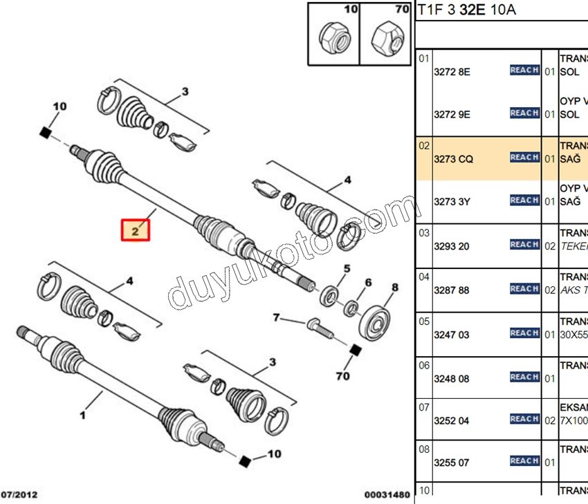 Aks Mili Sağ P206 ABS'siz 1.4HDİ Euro4 02/11 TU3JP