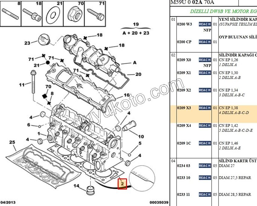Silindir Kapak Contası 1.9D, 1998/2003 2+4 1.38MM