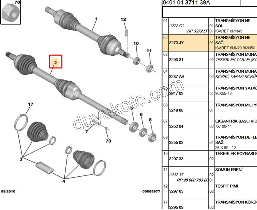 Aks Mili Sağ PRT2 DW10 8V 1.6HDİ Euro4
