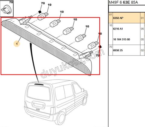 Peugeot Partner İlave 3. Fren / Stop Lambası (Bagaj Tek Kapak Yukarı Açılır) 1997/2009