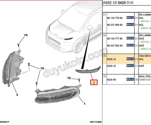 Peugeot 508 Citroen C3 Aircoss C4 Picasso DS4/DS5 Automobiles Ayna Sinyali Sol 2011/2021